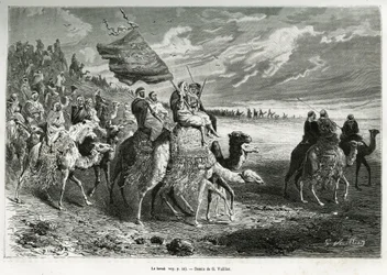 Berak, Emir Ibn Al Rashids flagga (1872-1890) (Saudiarabien). Gravyr av G. Vuillier, för att illustrera berättelsen "" pelerinage au Nedjed, den arabiska rasens vagga"", av Lady Anna Blunt, 1878-1879, publicerad i Tour du monde, under ledning