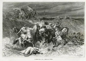 Ghazou, eller razzia, plundrar med en hand. Gravyr av G. Vuillier, för att illustrera berättelsen "" pelerinage au Nedjed, den arabiska rasens vagga"", av Lady Anna Blunt, 1878-1879, publicerad i Tour du monde, under ledning av Edouard Charton (1807-