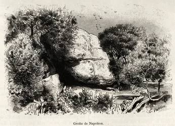 Grottan Napoleon, eller Napoleon Bonaparte (1769-1821) älskade att ta sin tillflykt som barn för att studera och meditera. Gravyr och berättelse "" La Corse"" av Gaston Vuillier (1845-1915), 1890, i Le tour du monde, nouveau journal des voyages, under ledn