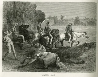 Expeditionen till häst för att utforska dalen Terable, gravering efter en teckning av G.Vuillier, för att illustrera historien De Cayenne aux Andes, av Jules Crevaux, doktor vid den franska flottan, 1878-1879, publicerad i turnén du monde, unde