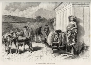 Fontänen av Rossello, i Sassari (Italien). Dagliga aktiviteter, kvinna som fyller en criche och vattenbärare med sina åsnor, fyller sina tunnor. Gravyr och berättelse "" La Sardaigne"" av Gaston Vuillier (1845-1915), 1890, i Le tour du monde, nouv
