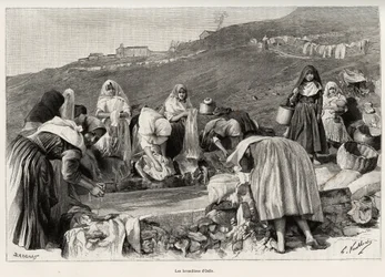 Lavendeln från Osilo (Italien), kvinnor samlades runt bassängen. Gravyr och berättelse "" La Sardaigne"" av Gaston Vuillier (1845-1915), 1890, i Le tour du monde, nouveau journal des voyages, under ledning av Edouard Charton (1807-1890), 2:a terminen