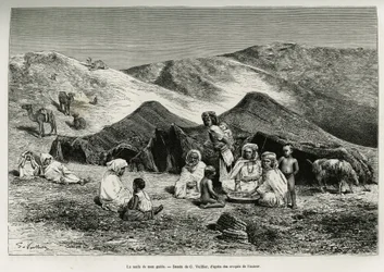 Min guides nezla (släkting). Gravyr av G. Vuillier för att illustrera Algeriska Sahara av V. Largeau, 1874-1878, publicerad i Le Tour du monde under ledning av Édouard Charton (1807-1890)