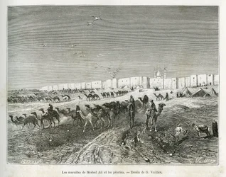 Meshed Alis väggar (Ali Ibn Abi Talib, död 661, kusin, lärjunge och svärson till Muhammed (570-632)) ligger i moskén i Najaf (Irak) och pelerinerna samlas för att fira den första och alla imamers far. Gravyr av G.Vuillier, till il