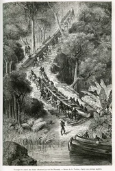 Traggande kanoter vid Innkissi Falls (eller Livingstone Falls) (Kongo), under ledning av Sir H.M.Stanley (1841-1904), teckning av G. Vuillier, för att illustrera historien "Through the Mysterious Continent", en resa som gjordes mellan 1874 -1877, av Sir H.
