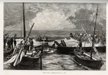 Tonfiskfiske (mattanza): dödskammaren, tonfiskpressar i ett trångt utrymme täcks av fiskarnas harpuner. Gravyr och berättelse "" La Sardaigne"" av Gaston Vuillier (1845-1915), 1890, i Le tour du monde, nouveau journal des voyages, under t.