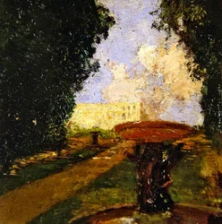 Trädgårdslandskap (olja på panel)