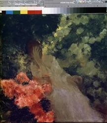I trädgården. (I trädgården). En kvinna i vitt, som ser desperat ut, gömmer sitt ansikte i handen. Målning av Gaston de La Touche (1854-1913)