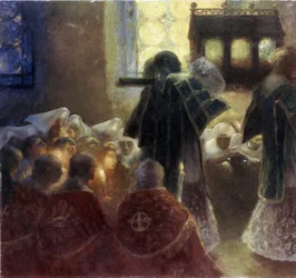 Överföring av de heliga relikerna (Översättning av de heliga relikerna). Målning av Gaston de La Touche (1854-1913). Fransk 1800-talskonst. Olja på duk. Eremitagemuseet, Sankt Petersburg.