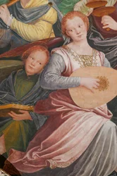 Detalj av antagandet av den välsignade jungfrun, känd som "Änglarnas kör som spelar musik", Kupolen på tvärskeppet, från 1534 (fresk)
