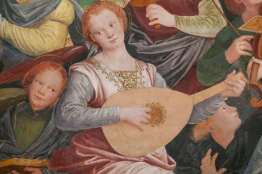 Detalj av antagandet av den välsignade jungfrun, känd som "Änglarnas kör som spelar musik", Kupolen på tvärskeppet, från 1534 (fresk)