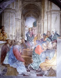 Diskussion om Jesus med läkarna i templet. Fresk av Gaudenzio Ferrari (1475 - 1546), kyrkan Santa Maria delle Grazie, Varallo.
