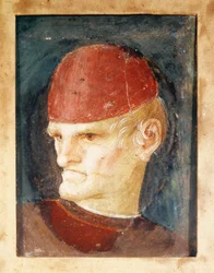 Italien, Varallo, Fragment av fresk av ett huvud