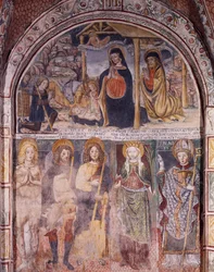 Födelse och helgon, fresk av Gaudenzio Ferrari (1475-1546), basilikan San Giulio, ön San Giulio, Orta San Giulio, Italien