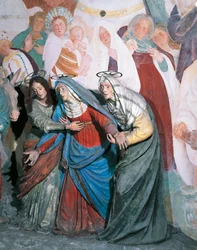 Statyer av heliga kvinnor som följer Kristus, detalj från korsfästelsen av Gaudenzio Ferrari (1475-1546), kapell XXXVIII, Heliga berget Varallo Sesia (UNESCO:s världsarvslista, 2003), Italien