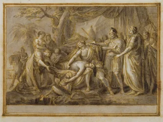 Achilles beklagar Patroklos död, 1760-63 (penna och bläck och tvätt på papper)
