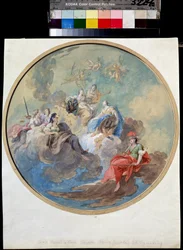 Allians mellan Ryssland och Preussen. Historisk allegori, för att fira koalitionen mellan kejsarinnan Katarina II av Ryssland (1729-1796) och Fredrik II av Preussen eller den store (1712-1786). Verk av Gavrill Ignatie