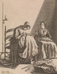 Two Women Sewing, Tallrik 1 från Five Feminine Occupations, ca. 1640-57.