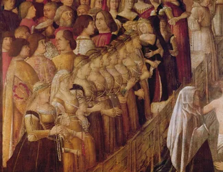 The Miracle of the Cross at the Bridge of Saint Lorenzo, detalj av en grupp av Catherine Cornaros damer i väntan och en del av folkmassan, 1500 (tempera på duk)
