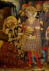 Altartavla för tillbedjan av männen (Pala Strozzi) Detalj som representerar två kungar. Målning av Gentile da Fabriano (Gentile di Niccolo) (1370-1427) 1423 Sön. 173x220 cm. Tempera på trä. Florens, Galleria degli Uffizi (Uffizi)