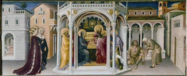 Altartavla av tillbedjan av Magi: detalj av presentationen vid templet - predelle (olja på panel