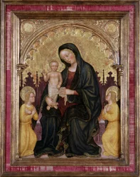 Enthroned Madonna and Child med två änglar
