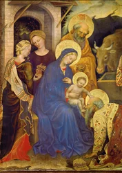 En av de tre kungarna knäböjer framför Jesusbarnet, kungakronan ligger på marken (tempera på trä)