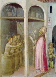 Sankt Nikolaus återuppväcker de tre barnen som kastades i saltlakekar, detalj från en predellapanel i Quaratesi-altartavlan, 1425