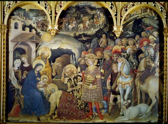 Tillbedjan av Detrempe Magi på trä av Gentile da Fabriano (1370-1427) 1423. Sön. 3x2,8 m Florens, Uffizierna.