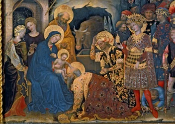 Konungarnas tillbedjan, detalj av Jungfrun med barnet och de tre kungarna, 1423