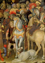The Adoration of the Magi, detalj av ryttare, hästar och hund, 1423 tempera på panel
