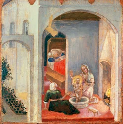 St Nicholas födelse, panel från Predella of Quaratesi Polyptych av Gentile da Fabriano (1370-ca 1427), tempera på panel, 355 x 36 cm