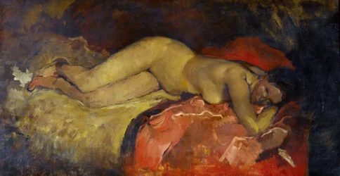 ""Nu lange"" (liggande naken) Målning av George hendrik Breitner (1857-1923) - ca 1887 - Olja på duk - Dim 134x224,5 cm Gemeentemuseum Den Haag (Haag) Nederländerna
