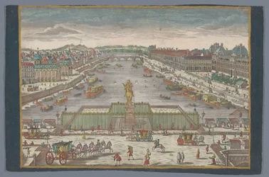 Utsikt över Pont Neuf över floden Seine i Paris, med utsikt mot Pont Royal Gesicht der Neuen Bruck, gegen der Königl. Bruck i Paris