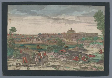 Utsikt över staden i slottet i Versailles Ansikte av palatset och en del av staden Versailles (titel på objekt)