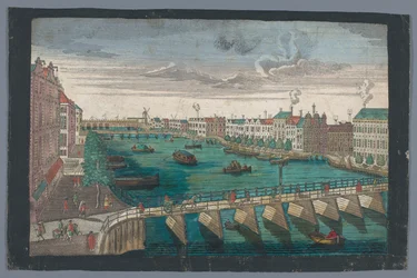 Utsikt över Binnen-Amstel mellan Blauwbrug och Hogesluis i Amsterdam Die Amstel von inom nach der blauen Brücke gegen der Wasser Schleuße zu Amsterdam (titel på objekt)