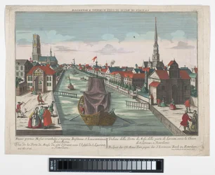 Utsikt över Wester Oude Hoofdpoort och Ooster Oude Hoofdpoort i Rotterdam Prospect der Ost Maas Port, gegen der S.Lorenzen Kirch zu Roterdam (titel på objekt) Rotterdam (serietitel)