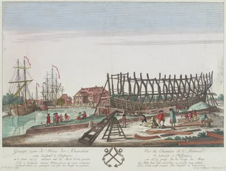 Vy över Zeeländska amiralitetets skeppsvarv i Vlissingen 1779. Litografi (36,3x49,1 cm), gravyr av Leizel efter en teckning av Georg Balthasar Probst (1732-1801)