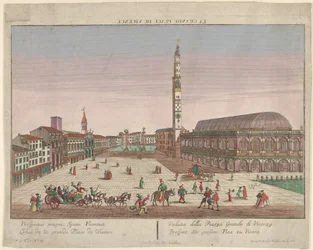 Utsikt över Piazza dei Signori i Vicenza med hästdragna vagnar och figurer ..., ca. 1750-1801.