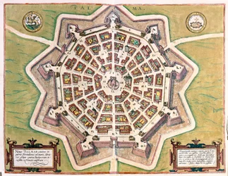 Catania med Etna i bakgrunden, Italien - i "Civitates Orbis Terrarum" av Georg Braun, Köln