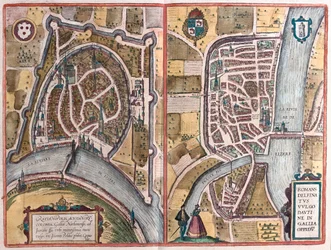 Grenoble - Romans sur Iser, Frankrike, i "Civitates Orbis Terrarum" av Georg Braun, Köln 1617