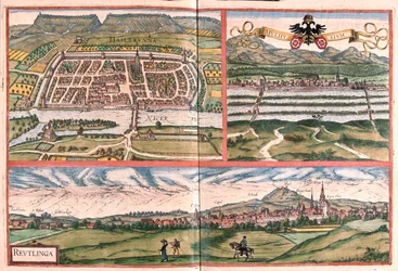Heilbronn, Mulhouse - Reutlingen, Tyskland - i "Civitates Orbis Terrarum" av Georg Braun, Köln 1617