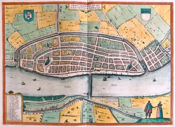 Kampen och floden Ysel, Nederländerna - i "Civitates Orbis Terrarum" av Georg Braun, Köln 1617