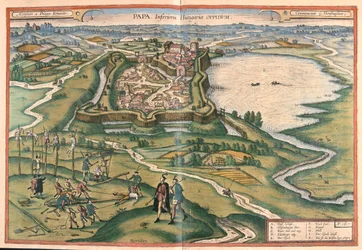Papa, Ungern - i "Civitates Orbis Terrarum" av Georg Braun, Köln 1617