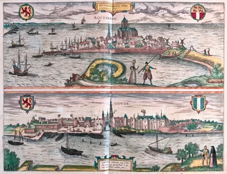 Rotterdam och Gouda, Nederländerna - i "Civitates Orbis Terrarum" av Georg Braun, Köln 1617