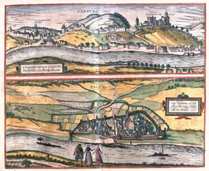 Saarburg, Pfalzel, Tyskland - i "Civitates Orbis Terrarum" av Georg Braun, Köln 1617