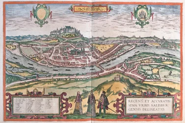 Salzburg, Tyskland - i "Civitates Orbis Terrarum" av Georg Braun, Köln 1617
