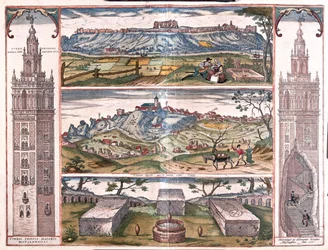 Seviglia - Gerena (Sevillas Giralda) - 5 vyer över San Juan vid Guadalquivir, 3 romerska gravar och ett torn vid sidan om, i "Civitates Orbis Terrarum" av Georg Braun, Köln 1617