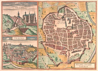 Urbino - Sulmona, Italien - i "Civitates Orbis Terrarum" av Georg Braun, Köln 1617