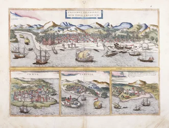 Vy över Calcutta, Indien, och under mindre vyer av Ormuz vid ingången till Persiska viken, Canonor i Indien och den portugisiska fästningen El Mina i Västafrika, 1572